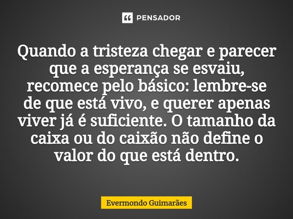 ⁠Quando a tristeza chegar e parecer que a esperança se esvaiu, recomece pelo básico: lembre-se de que está vivo, e querer apenas viver já é suficiente. O tamanh... Frase de Evermondo Guimarães.