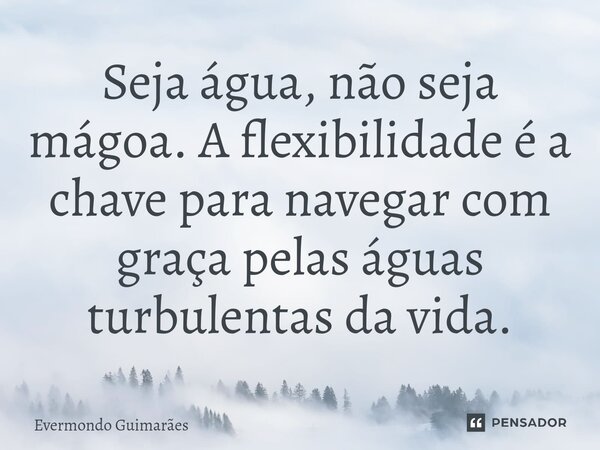 ⁠Seja água, não seja mágoa. A flexibilidade é a chave para navegar com graça pelas águas turbulentas da vida.... Frase de Evermondo Guimarães.