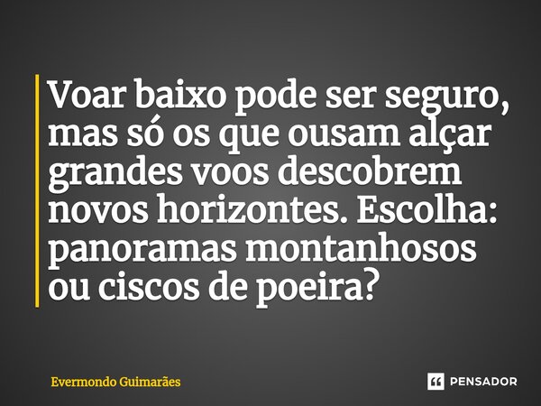 ⁠Voar baixo pode ser seguro, mas só os que ousam alçar grandes voos descobrem novos horizontes. Escolha: panoramas montanhosos ou ciscos de poeira?... Frase de Evermondo Guimarães.