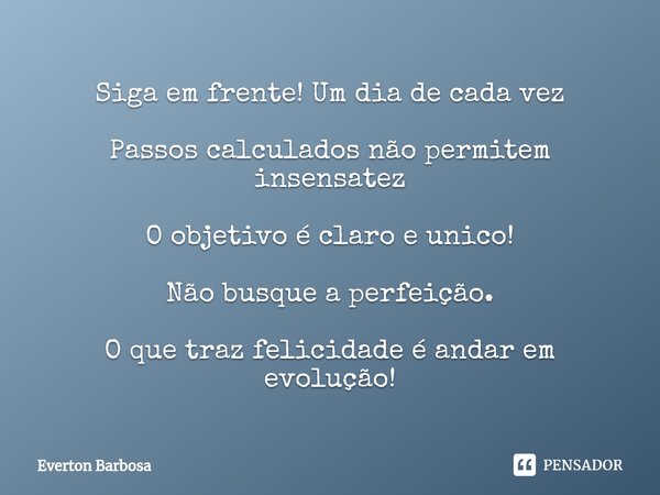 ⁠Siga em frente! Um dia de cada vez Passos calculados não permitem insensatez O objetivo é claro e unico! Não busque a perfeição. O que traz felicidade é andar ... Frase de Everton Barbosa.