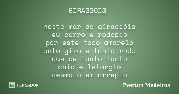 GIRASSÓIS neste mar de girassóis eu corro e rodopio por este todo amarelo tanto giro e tanto rodo que de tanto tonto caio e letargio desmaio em arrepio... Frase de Everton Medeiros.