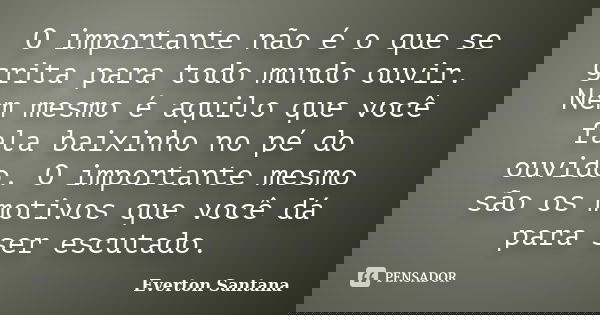 O importante não é o que se grita para todo mundo ouvir. Nem mesmo é aquilo que você fala baixinho no pé do ouvido. O importante mesmo são os motivos que você d... Frase de Everton Santana.