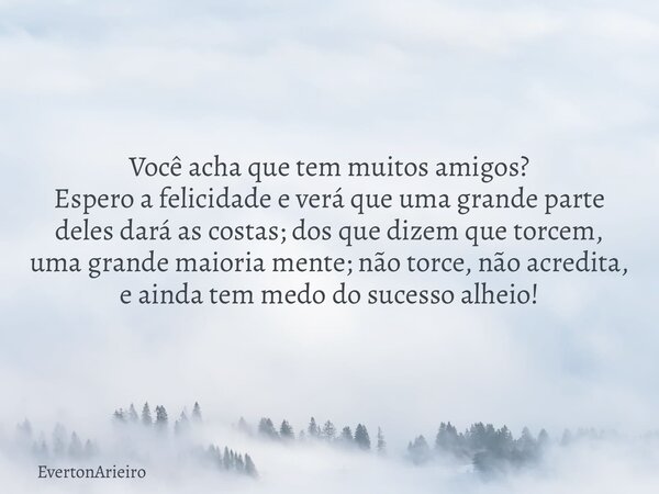 Você acha que tem muitos amigos? Espero a felicidade e verá que uma grande parte deles dará as costas; dos que dizem que torcem, uma grande maioria mente; não t... Frase de EvertonArieiro.