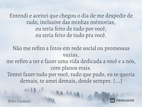 Entendi e aceitei que chegou o dia de me despedir de tudo, inclusive das minhas mémorias, eu teria feito de tudo por você, eu teria feito de tudo pra você. Não... Frase de Evlin Garmatz.