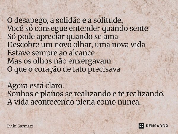 ⁠O desapego, a solidão e a solitude, Você só consegue entender quando sente Só pode apreciar quando se ama Descobre um novo olhar, uma nova vida Estave sempre a... Frase de Evlin Garmatz.