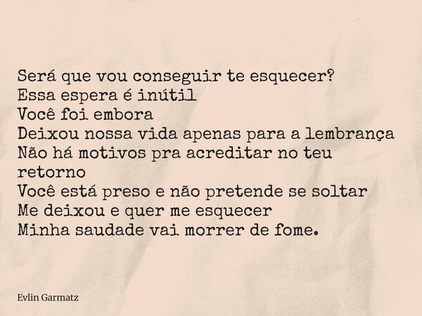 Será que vou conseguir te esquecer? Essa espera é inútil Você foi embora Deixou nossa vida apenas para a lembrança Não há motivos pra acreditar no teu retorno V... Frase de Evlin Garmatz.