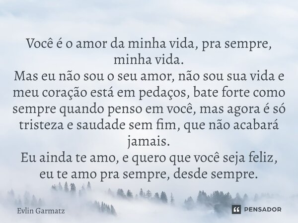 Você é o amor da minha vida, pra sempre, minha vida. Mas eu não sou o seu amor, não sou sua vida e meu coração está em pedaços, bate forte como sempre quando p... Frase de Evlin Garmatz.