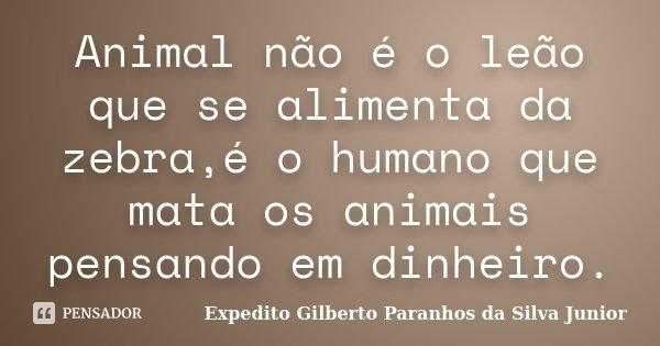 Animal não é o leão que se alimenta da zebra,é o humano que mata os animais pensando em dinheiro.... Frase de Expedito Gilberto Paranhos da Silva Junior.