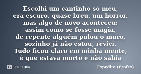 Escolhi um cantinho só meu, era escuro, quase breu, um horror, mas algo de novo aconteceu: assim como se fosse magia, de repente alguém pulou o muro, sozinho já... Frase de Expedito (Profex).