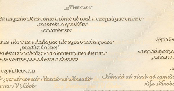 "Eu imagino Deus como a fonte de toda a energia que criou e mantém o equilíbrio do universo. Vejo Deus na flor e na abelha que lhe suga o néctar para produ... Frase de (Extraído do áudio do capítulo 194 da novela Paraíso de Benedito Ruy Barbosa na TV Globo).