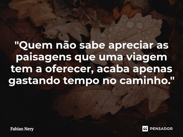⁠"Quem não sabe apreciar as paisagens que uma viagem tem a oferecer, acaba apenas gastando tempo no caminho."... Frase de Fabian nery.