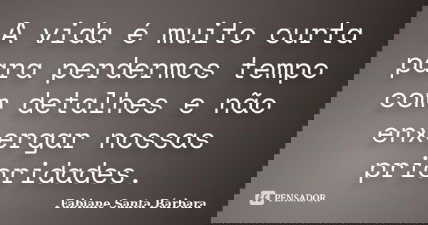 A vida é muito curta para perdermos tempo com detalhes e não enxergar nossas prioridades.... Frase de Fabiane Santa Bárbara.