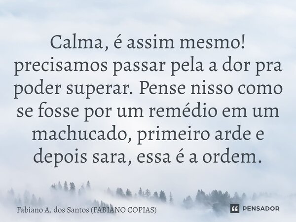 ⁠Calma, é assim mesmo! precisamos passar pela a dor pra poder superar. Pense nisso como se fosse por um remédio em um machucado, primeiro arde e depois sara, es... Frase de Fabiano A. dos Santos (FABIANO CÓPIAS).