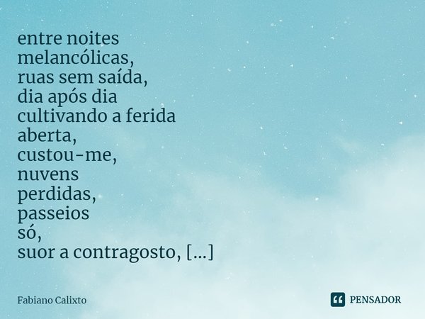 ⁠entre noites
melancólicas,
ruas sem saída,
dia após dia
cultivando a ferida
aberta,
custou-me,
nuvens
perdidas,
passeios
só,
suor a contragosto,
frio,
no fundo... Frase de Fabiano Calixto.