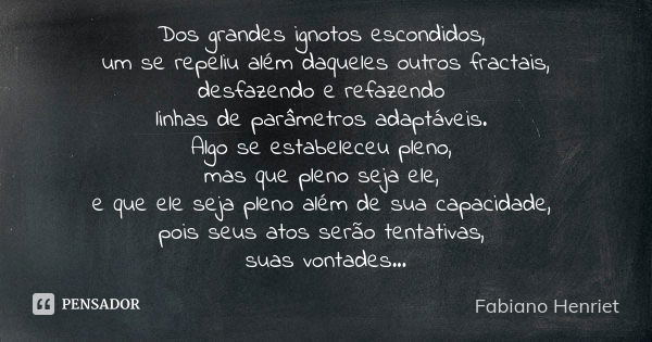 Dos grandes ignotos escondidos, um se repeliu além daqueles outros fractais, desfazendo e refazendo linhas de parâmetros adaptáveis. Algo se estabeleceu pleno, ... Frase de Fabiano Henriet.