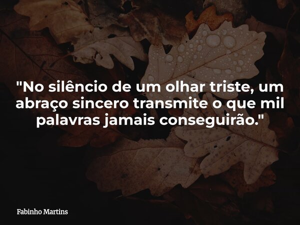 "No silêncio de um olhar triste, um abraço sincero transmite o que mil palavras jamais conseguirão."... Frase de Fabinho Martins.