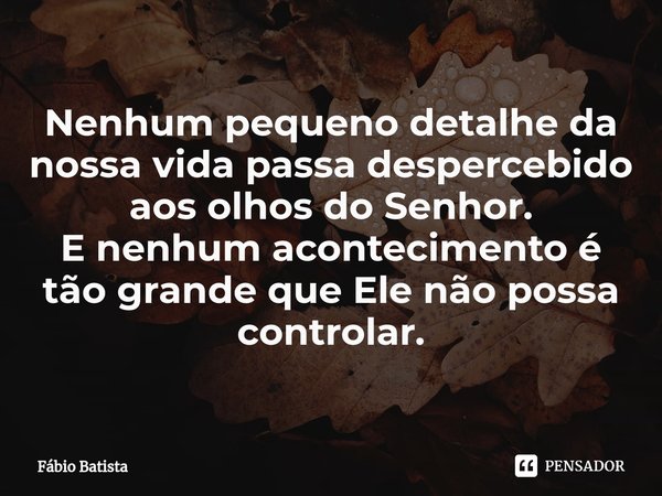 ⁠Nenhum pequeno detalhe da nossa vida passa despercebido aos olhos do Senhor.
E nenhum acontecimento é tão grande que Ele não possa controlar.... Frase de Fábio Batista.