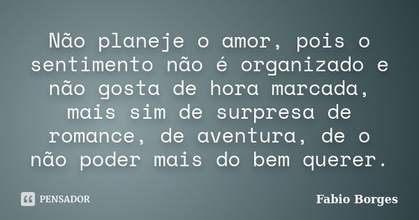 Não planeje o amor, pois o sentimento não é organizado e não gosta de hora marcada, mais sim de surpresa de romance, de aventura, de o não poder mais do bem que... Frase de Fabio Borges.