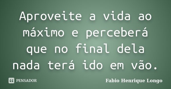 Aproveite a vida ao máximo e perceberá que no final dela nada terá ido em vão.... Frase de Fabio Henrique Longo.