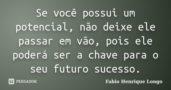 Se você possui um potencial, não deixe ele passar em vão, pois ele poderá ser a chave para o seu futuro sucesso.... Frase de Fabio Henrique Longo.