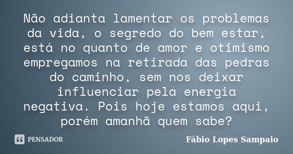 Não adianta lamentar os problemas da vida, o segredo do bem estar, está no quanto de amor e otimismo empregamos na retirada das pedras do caminho, sem nos deixa... Frase de Fábio Lopes Sampaio.