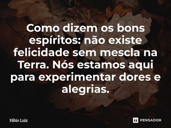 ⁠Como dizem os bons espíritos: não existe felicidade sem mescla na Terra. Nós estamos aqui para experimentar dores e alegrias.... Frase de Fábio Luiz.
