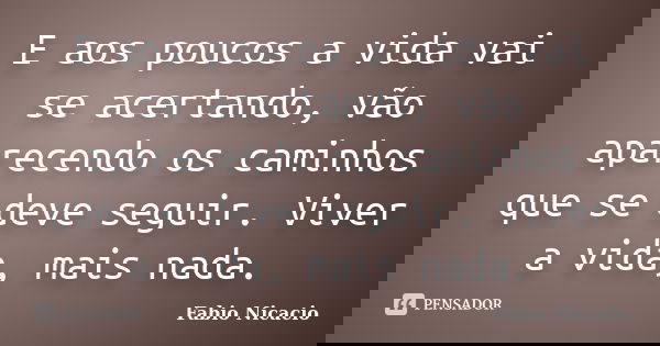 E aos poucos a vida vai se acertando, vão aparecendo os caminhos que se deve seguir. Viver a vida, mais nada.... Frase de Fabio Nicacio.