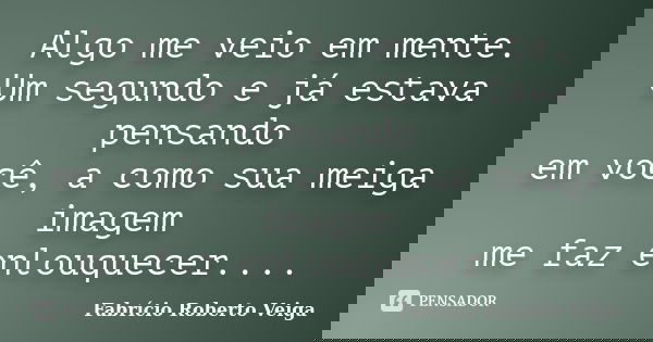 Algo me veio em mente. Um segundo e já estava pensando em você, a como sua meiga imagem me faz enlouquecer....... Frase de Fabrício Roberto Veiga.