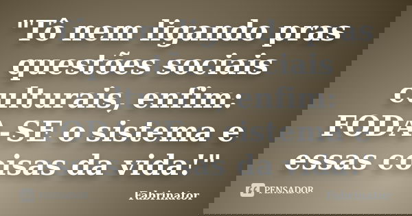 "Tô nem ligando pras questões sociais culturais, enfim: FODA-SE o sistema e essas coisas da vida!"... Frase de Fabrinator.
