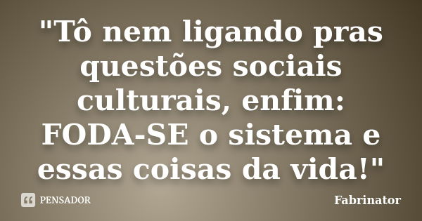 "Tô nem ligando pras questões sociais culturais, enfim: FODA-SE o sistema e essas coisas da vida!"... Frase de Fabrinator.