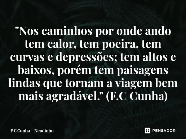 ⁠"Nos caminhos por onde ando tem calor, tem poeira, tem curvas e depressões; tem altos e baixos, porém tem paisagens lindas que tornam a viagem bem mais ag... Frase de F C Cunha - Neudinho.