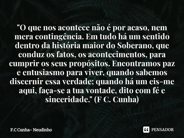 ⁠"O que nos acontece não é por acaso, nem mera contingência. Em tudo há um sentido dentro da história maior do Soberano, que conduz os fatos, os acontecime... Frase de F.C Cunha- Neudinho.