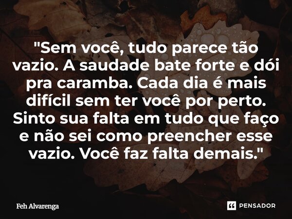 ⁠"Sem você, tudo parece tão vazio. A saudade bate forte e dói pra caramba. Cada dia é mais difícil sem ter você por perto. Sinto sua falta em tudo que faço... Frase de FEH ALVARENGA.