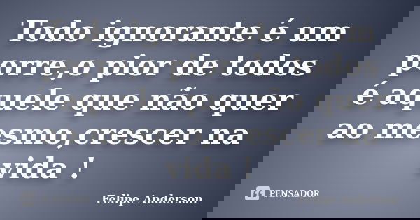 Todo ignorante é um porre,o pior de todos é aquele que não quer ao mesmo,crescer na vida !... Frase de Felipe Anderson.