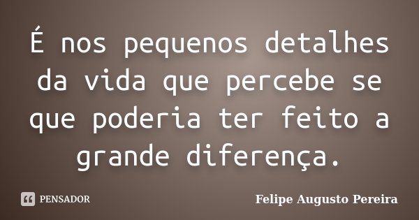 É nos pequenos detalhes da vida que percebe se que poderia ter feito a grande diferença.... Frase de Felipe Augusto Pereira.