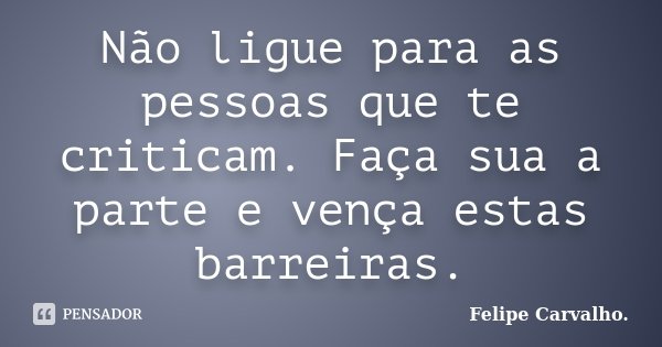 Não ligue para as pessoas que te criticam. Faça sua a parte e vença estas barreiras.... Frase de Felipe Carvalho.