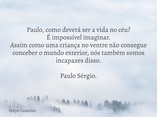 Paulo, como deverá ser a vida no céu? É impossível imaginar. Assim como uma criança no ventre não consegue conceber o mundo exterior, nós também somos incapazes... Frase de Felipe Cesarino.