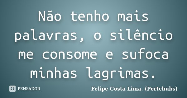 Não tenho mais palavras, o silêncio me consome e sufoca minhas lagrimas.... Frase de Felipe Costa Lima (Pertchubs).