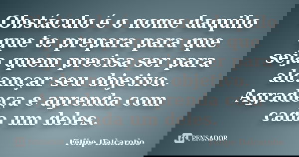 Obstáculo é o nome daquilo que te prepara para que seja quem precisa ser para alcançar seu objetivo. Agradeça e aprenda com cada um deles.... Frase de Felipe Dalcarobo.