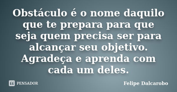 Obstáculo é o nome daquilo que te prepara para que seja quem precisa ser para alcançar seu objetivo. Agradeça e aprenda com cada um deles.... Frase de Felipe Dalcarobo.