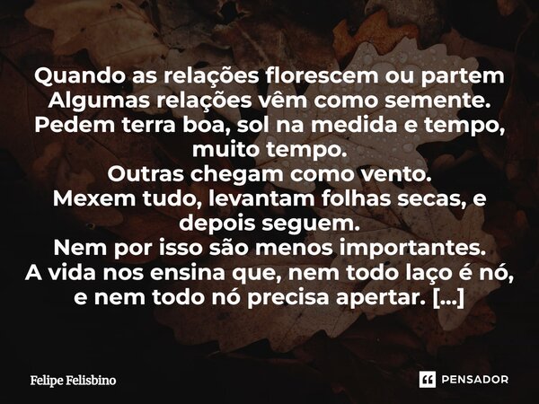 Quando as relações florescem ou partem Algumas relações vêm como semente. Pedem terra boa, sol na medida e tempo, muito tempo. Outras chegam como vento. Mexem ... Frase de Felipe Felisbino.