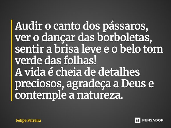 ⁠Audir o canto dos pássaros, ver o dançar das borboletas, sentir a brisa leve e o belo tom verde das folhas! A vida é cheia de detalhes preciosos, agradeça a De... Frase de Felipe Ferreira.