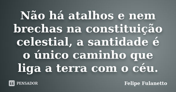 Não há atalhos e nem brechas na constituição celestial, a santidade é o único caminho que liga a terra com o céu.... Frase de Felipe Fulanetto.