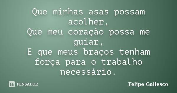 Que minhas asas possam acolher, Que meu coração possa me guiar, E que meus braços tenham força para o trabalho necessário.... Frase de Felipe Gallesco.