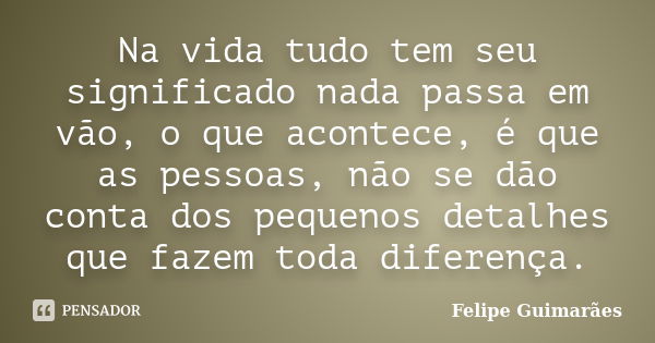 Na vida tudo tem seu significado nada passa em vão, o que acontece, é que as pessoas, não se dão conta dos pequenos detalhes que fazem toda diferença.... Frase de Felipe Guimarães.