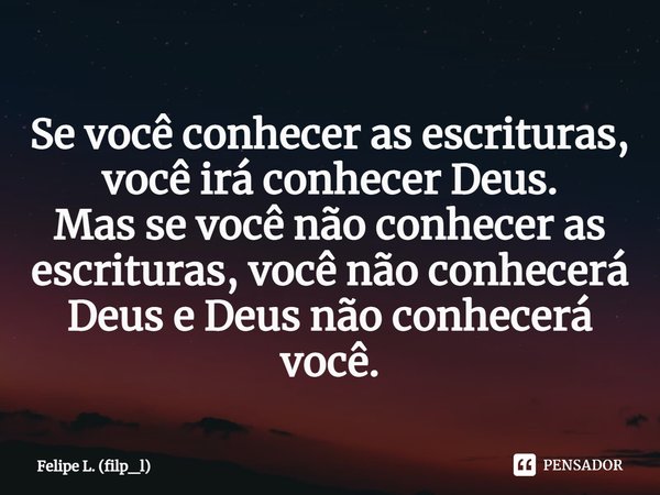 ⁠Se você conhecer as escrituras, você irá conhecer Deus.
Mas se você não conhecer as escrituras, você não conhecerá Deus e Deus não conhecerá você.... Frase de Felipe L. (filp_l).