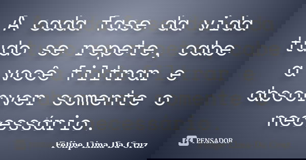 A cada fase da vida tudo se repete, cabe a você filtrar e absorver somente o necessário.... Frase de Felipe Lima Da Cruz.