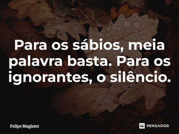 ⁠Para os sábios, meia palavra basta. Para os ignorantes, o silêncio.... Frase de Felipe Magister.