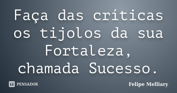 Faça das críticas os tijolos da sua Fortaleza, chamada Sucesso.... Frase de Felipe Melliary.