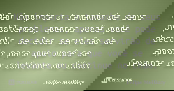 Não importa o tamanho de seus problemas, apenas você pode decidir se eles servirão de apoio para que você se levante ou continue no chão.... Frase de Felipe Melliary.